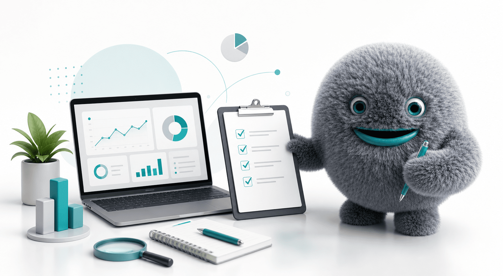 Mascotte Let Us Post en train de préparer un audit stratégique avec un ordinateur, une checklist et des graphiques