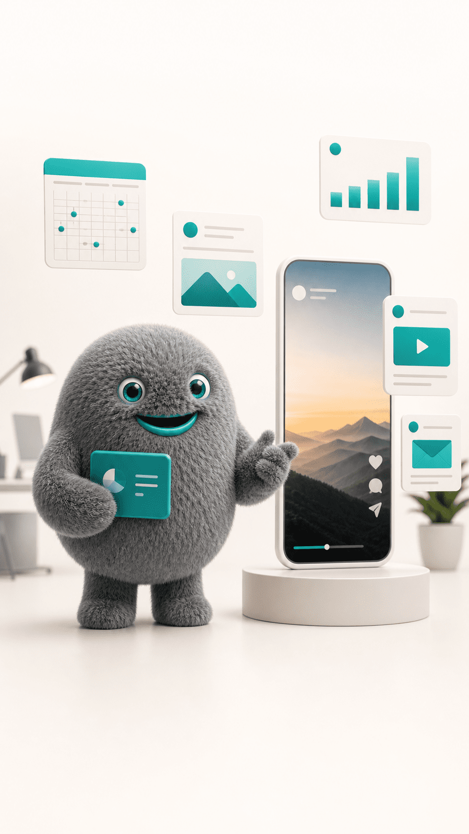 Mascotte Let Us Post avec un écran vidéo social media